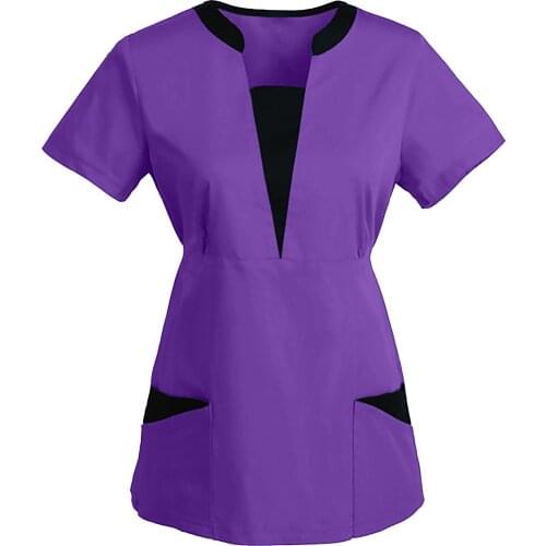 Women Short Sleeve V-neck Tops Work Uniform Solid Patchwork Color Pocket Fashion Summer Tshirt Camiseta Mujer Verano #PY