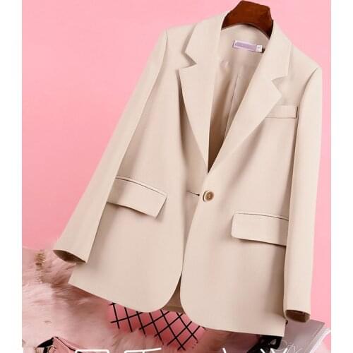 SURUFENG Autumn Chic Solid Color Elegant Apricot Blazer Women Jacket Ladies Single Button Loose V-Neck Long Sleeve Cardigan