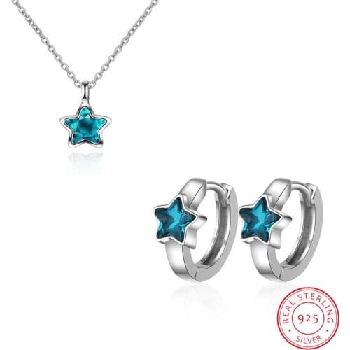 New Arrival 925 Sterling Silver Jewelry Sets Blue Stackable Crystal Star Zirconia Necklace + Earrings For Women Gift bijoux femm