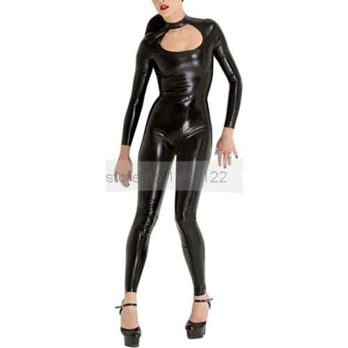 Female rubber latex black catsuit with chest opened tight jumpsuit plus size customized made BNLC244