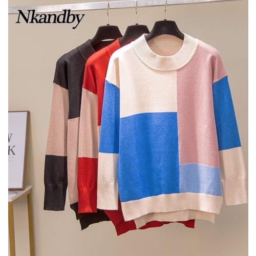 Nkandby Plus Size Split Knitted Sweaters Women Autumn Winter Color Block Design Pullovers Jumpers Round Neck Loose Large Tops