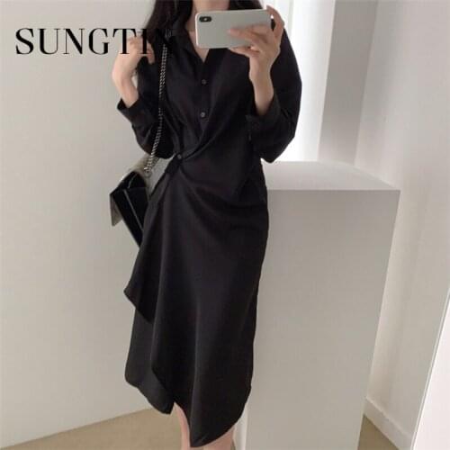 Sungtin Design Office Lady Shirt Dress Women Soft Elegant Ladies Slim Waist Formal Shirt Midi Dress Woman Outerwear Korea Retro