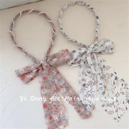 1PCS Japanese And Korean Fashion Womens New Hair Bands Floral Fabrics Pearl Streamers Sweet Temperament Hair Band Headwear