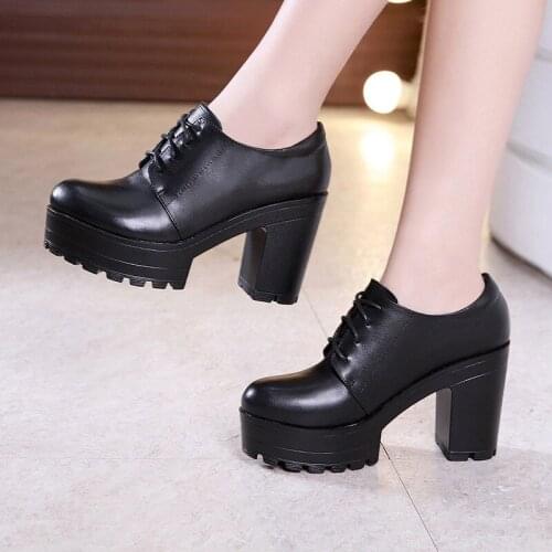 2018 autumn and winter thick with lace high heel platform deep mouth round head large size 40-43 yards single shoes