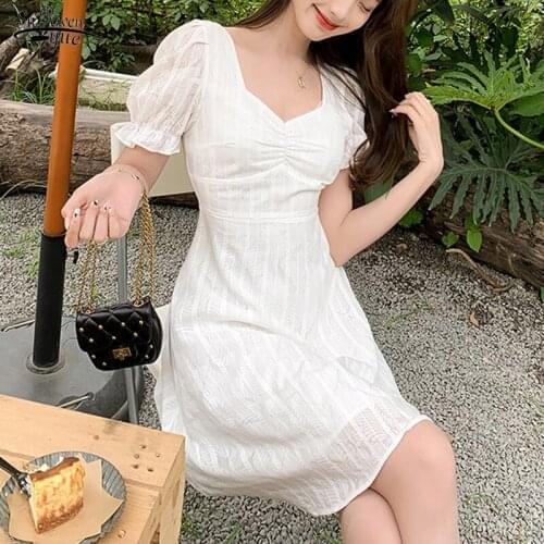 2021 Summer Cotton Puff Sleeve Dress for Women Striped Casual Vintage Knee Length Dress Elegant Party Dresses Robe Femme 14107