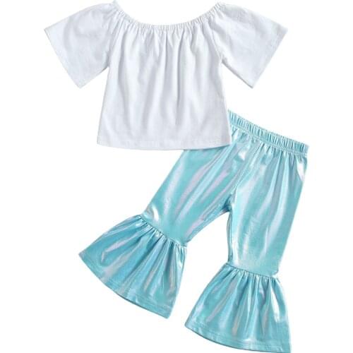 2021 2-7Y Fashion Summer Kids Baby Girl Clothing Off Shoulder White Solid Top T-shirt+Blue Solid Flare Pants 2pcs Outfits Set
