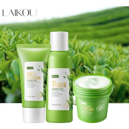 3Pcs/Set Green Tea Skin Care Set Centella Essence Repairing Skin Smooth Gentle Cleanser Moisturizing Toner Nourishing Face Cream
