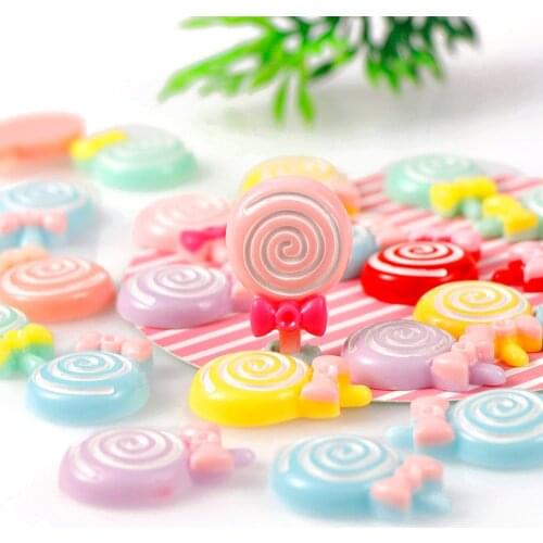 50Pcs/bag Mix Color Flatback Resin Cute Cartoon Candy Lollipop Kawaii Flatback Resin Cabochons Miniature Embellishment 21*30mm