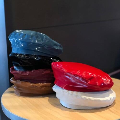 01910-shi fashion pu model design solid faux leather pu Beret cap men women leisure painter hat