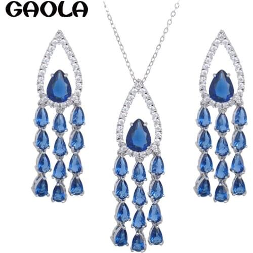 Brand Exquisite Elegant Waterdrop Cubic Zircon Long Bule Crystal Pendant Jewelry Sets Necklace/earring Engagement Gift GLTD0834