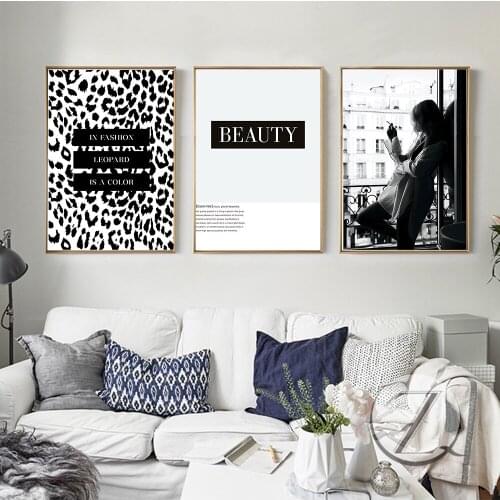 Black White Smoking Woman By The Window Poster Leopard Color Fashion Canvas Painting Wall Art Beauty Quotes Pictures Home Decor