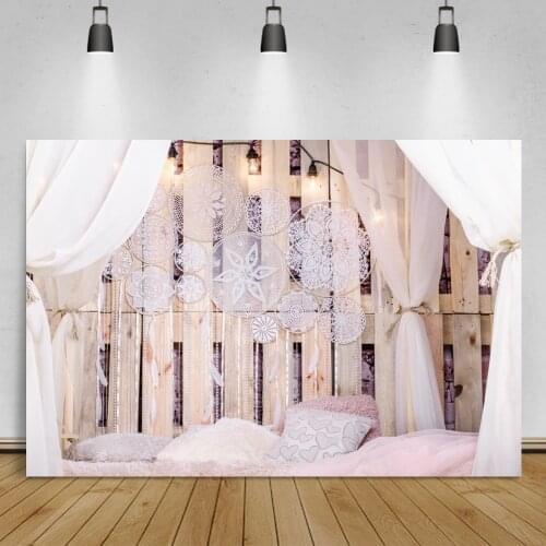 Laeacco Pink Curtain Gray Wooden Wall Pillow Party Boudoir Baby Portrait Photo Backdrops Photographic Backgrounds Photo Studio