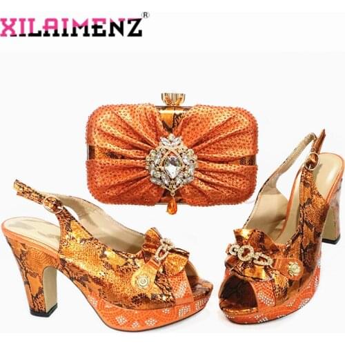 Italian Women Shoes Matching Bag in Orange Color with Platform African Women Shoes and Bag to Match with Shinning Crystal