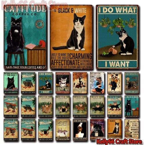 [ Kelly66 ] Pets Black Cat Book And Coffee Do What I Want Tin Poster Metal Sign Home Pub Bar Decor Painting 20*30 CM Size Dy225