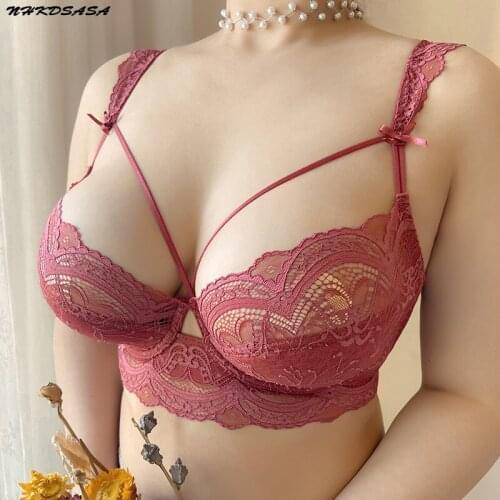 NHKDSASA Bra And Panty Set Women Underwear Lace Sexy Lingerie Plus Size See Through Push-up Hollow Brassiere Gather Sexy Bra Set