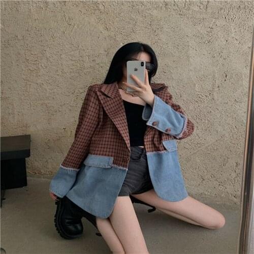 Spring Autumn Women Plaid Denim Split Patchwork Blaze Female New Lapel Long Sleeve Loose Fit Jacket Lady Fashion Tide Outwear