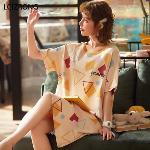 Fashion Geometric Cotton Women Sleepwear Dress Spring Short Sleeve Mini Dress Nightwear Summer Casual Home Clothes Nightgown