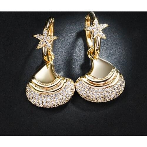 Fashion Gold Color Micro Pave AAA+ Top CZ Crystals Star And Seashell Pendant Exquisite Hoop Earrings For Women Jewelry