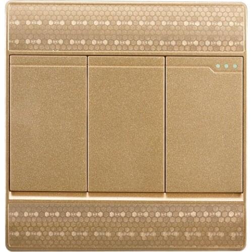 Luxurious Champagne gold Push Button black switch socket 3gang2way Wall light socket 110v-250v 10A
