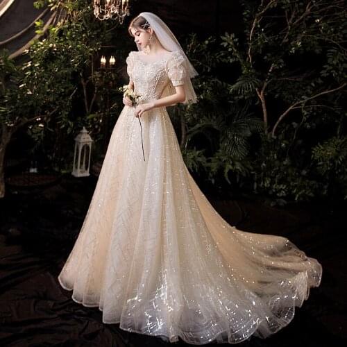 Glitter Fabric Beading Ruched Puff Sleeve Luxury New Wedding Dresses A-Line Sweep Train Bridal Bride Gown Plus Sizes 2021
