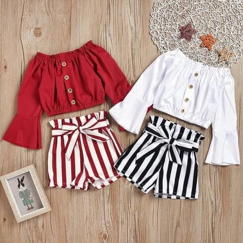 Spring Summer Baby Girls Clothes Set Casual Flare Sleeve Short T-shirt Tops+Striped Shorts With Bowknot Outfits 2PCs