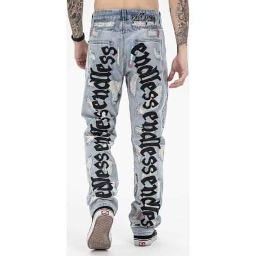 High quality new popular men embroidered logo jeans high Street heavy washed denim vintage pants