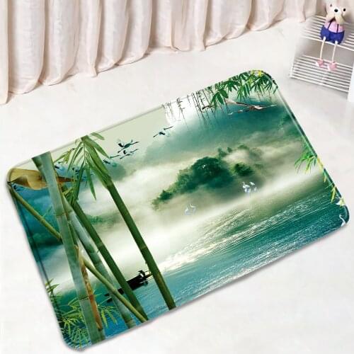 Green Bamboo Forest Bath Mat Chinese Style Rural Natural Landscape Non-Slip Water Absorption Living Room Carpet Bathroom Mats