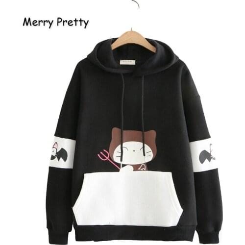 MERRY PRETTY Plus Velvet Hooded Sweatshirts Women 2021 Autumn Winter Thick Cat Hoodies Casual Loose Tracksuit With Big Pocket