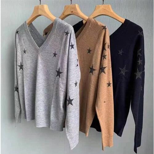 Double V-Neck Women Knitted Sweater Ladies 100% Cashmere Long Sleeve Stars Jacquard Knitwear Jumper Female Pullover Tops 2021 Ne