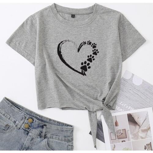 Dogs Paw Print Heart Woman Paw Lover Knotted Crop Top Shirt Womens Summer Short Sleeve Cotton T-Shirt Cropped Tops with Tie Knot
