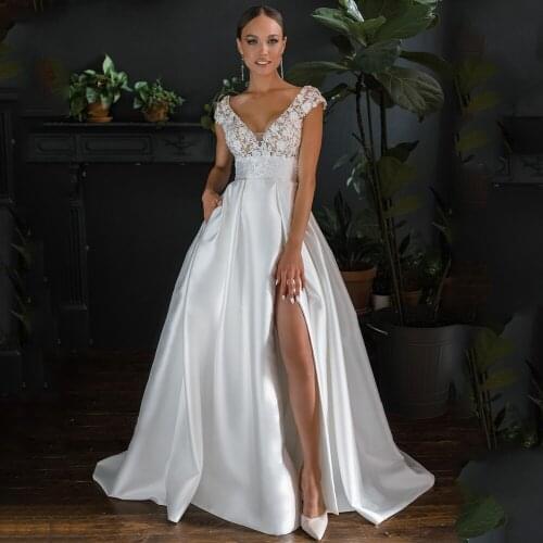 Sexy V Neck Satin Wedding Dresses Cap Sleeve Beading Applique Flowers Side Slit Bridal Gown Backless Vestido De Noiva
