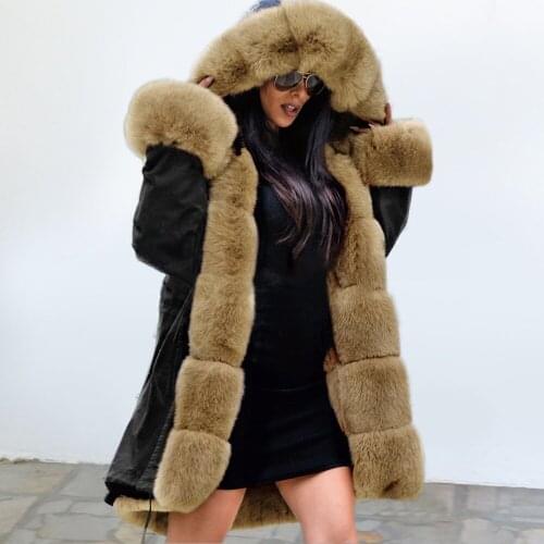 2019 Women Fashion Luxurious Large Fur Collar Hooded Coat Warm Faux Fur Liner Parkas Long Winter Jacket