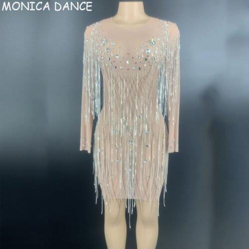 Women Sexy Stage Transparent Silver Glass Stones Fringe Dress Birthday Celebrate Dance Dress Prom DJ Women Singer Short Dress