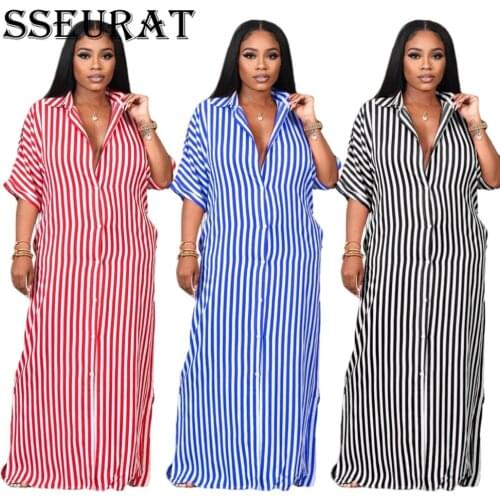 SSEURAT Summer Women Short Sleeve Striped Button Down Maxi Dress Casual Loose Dress