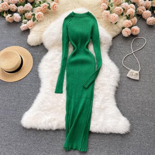 Autumn elegant dresses Office Lady 2021 new female temperament o neck sexy waist hips elastic bright silk knitted dress women