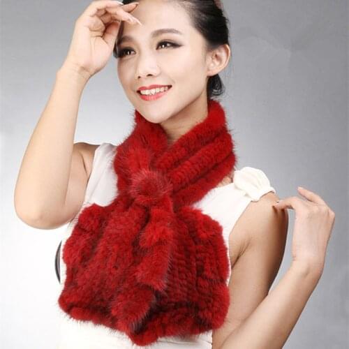 Winter Womens Genuine Real Knitted Mink Fur Muffler with Ruffle Hem Lady Warm Scarves Neckwarmer VF0617