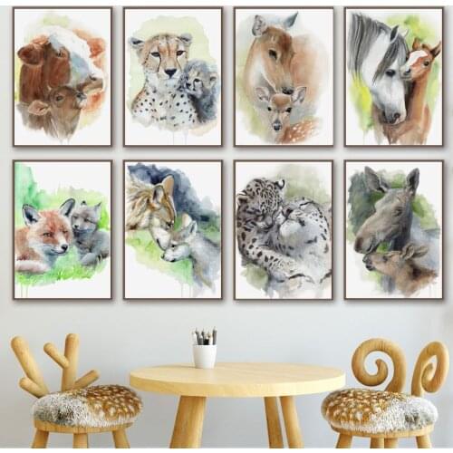 Cartoon Watercolor Animal Family Fox Tiger Wall Art Canvas Painting Nordic Posters And Prints Wall Pictures For Kids Room Decor
