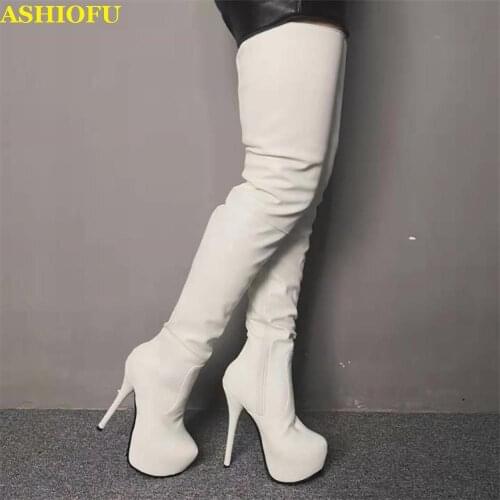 ASHIOFU New Arrival Ladies High Heel Boos Wedding Party Prom Over Knee Boots Sexy Club Evening Fashion Thigh High Boots Shoes