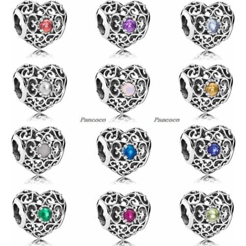 Authentic 925 Sterling Silver Openwork Month Signature Heart Birthstone Charm Beads Fit Pandora Bracelet & Necklace Jewelry