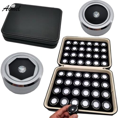 Large Capacity Black PU Zipper Case With 48Pcs Round Metal Diamond Storage Box Gemstone Display Box Show Travel Stone Organizer