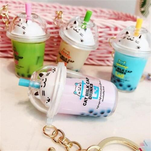 Cartoon Cute Cat Keychain Milk Tea Cup Liquid Quicksand Sequin Key Ring Charm Bag Car Pendant Key Chain for Women Men Kids