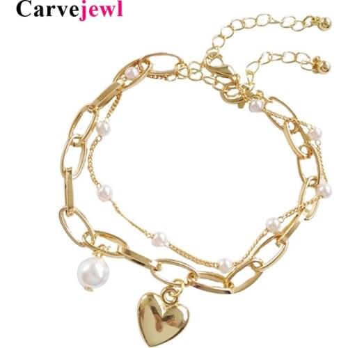 Carvejewl Gold color Exquisite Love heart pendant bracelets charms wedding high quality fashion jewelry simulated pearl bracelet