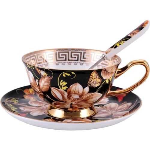 Black Magnolia Coffee Cup and saucers European Bone China Coffee Cup Set Hand-painted gold Teacup set 220ml creative gift