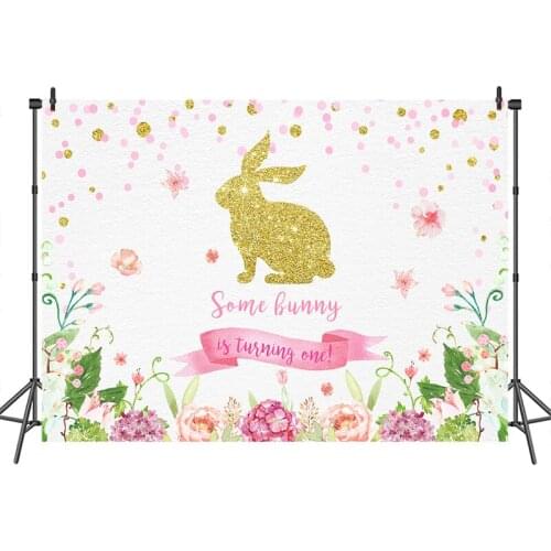 Some Bunny is turnning One Backdrop Flower Gold Rabbit Background Baby Girls 1st Birthday Party Banner Decor Photo Booth Props
