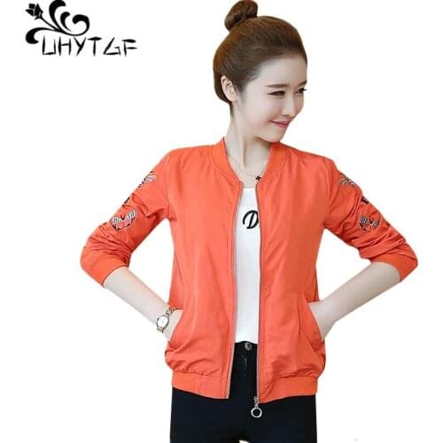 UHYTGF Loose plus size jacket womens fashion embroidery spring summer tops short outerwear bomber jacket women kurtka damska 495