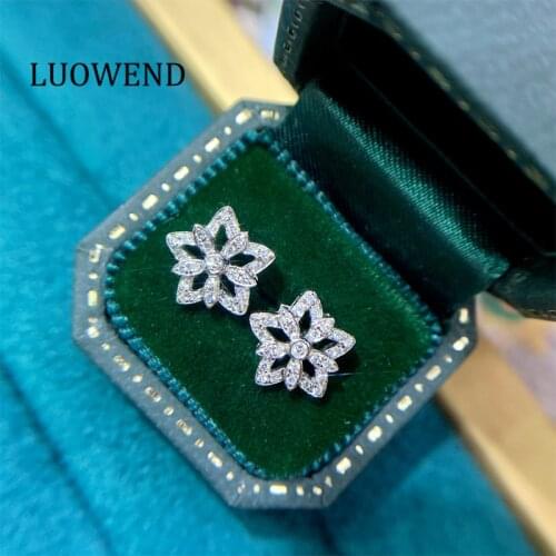 LUOWEND 100% 18K Solid White Gold Star Women Stud Earrings Real Natural Diamond Earring for Wedding Engagement Customized