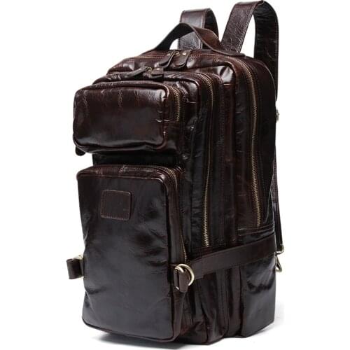 High Class Oil Waxed Genuine Leather Men Backpack Leather Travel Backpack men School Backpack male Mountaineering Bag Brown