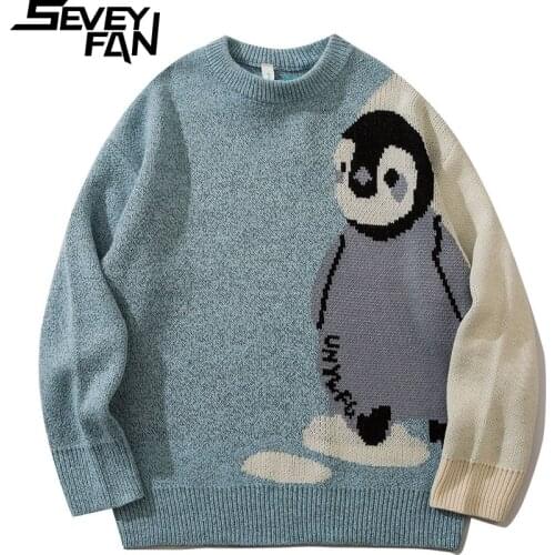 SEVEYFAN Mens Cartoon Penguin Jacquard Sweater BF Loose Cotton O Neck Pullover Knitwear for Couples