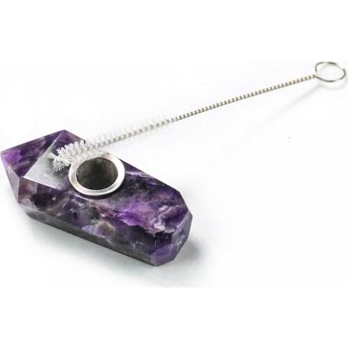 Natural Amethyst Quartz Crystal Mini Smoking Pipes Tobacco Pipe Point Wand Healing Crystal with Metal Filter Brush Home Decor