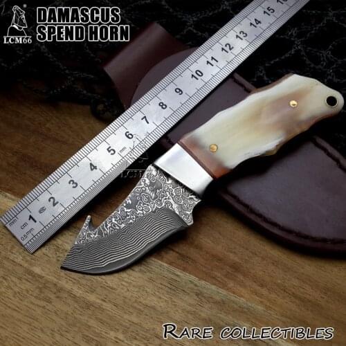 LCM66 Newest!Natural flower horn fixed blade knife,Damascus steel Handle Outdoor Hunting Knife,Camping ,Camping Multi Tools